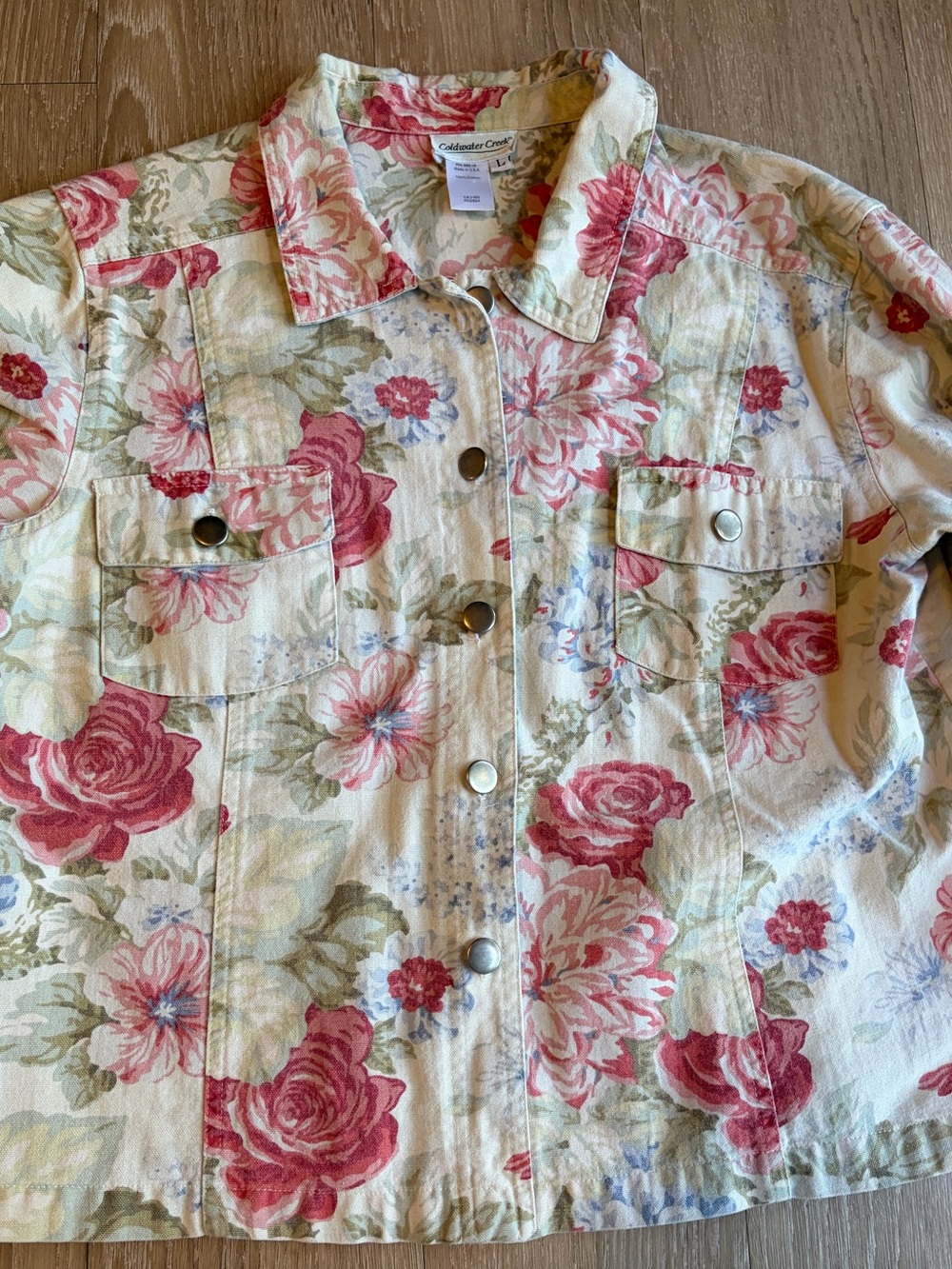Coldwater Creek Cream Floral Jean Jacket w/ Pink Roses - Picture 3 of 9